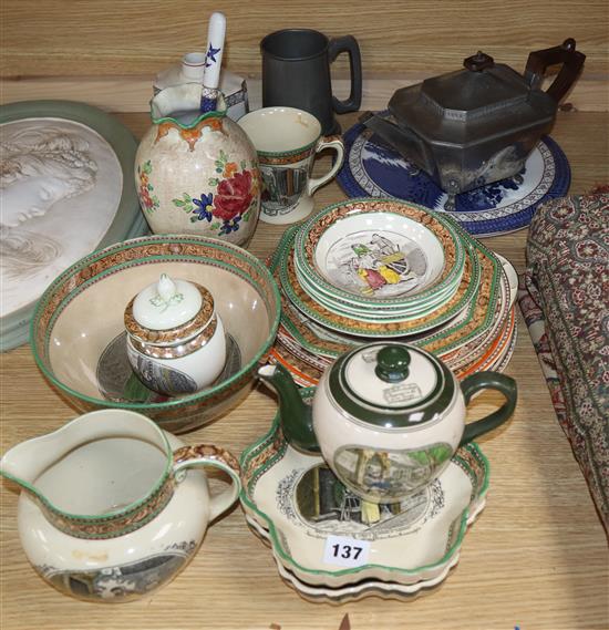 A Doulton willow pattern bread plate and knife, a group of Adams tableware, a Falconware vase and two pewter items